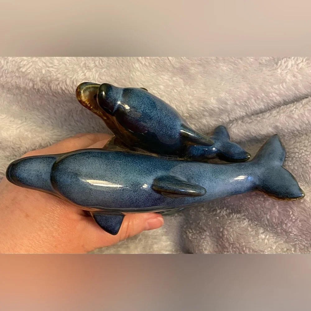 Glazed Pottery Dolphins Figure School Of Dolphins 5”x7